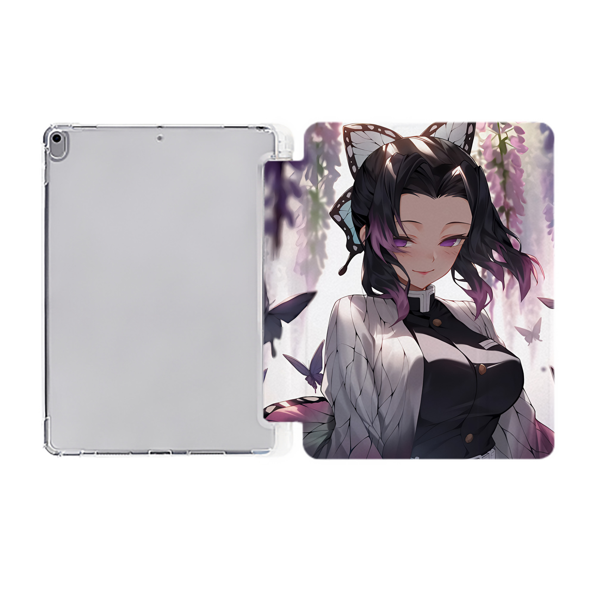 （画像用） 鬼滅の刃（きめつのやいば）蟲柱-胡蝶 しのぶ／こちょう しのぶ Kochou Shinobu IPad ケース ペン収納付き 三つ折りスタンド PUレザー×シリコン 対応機種9.5/10.5/10.9インチ